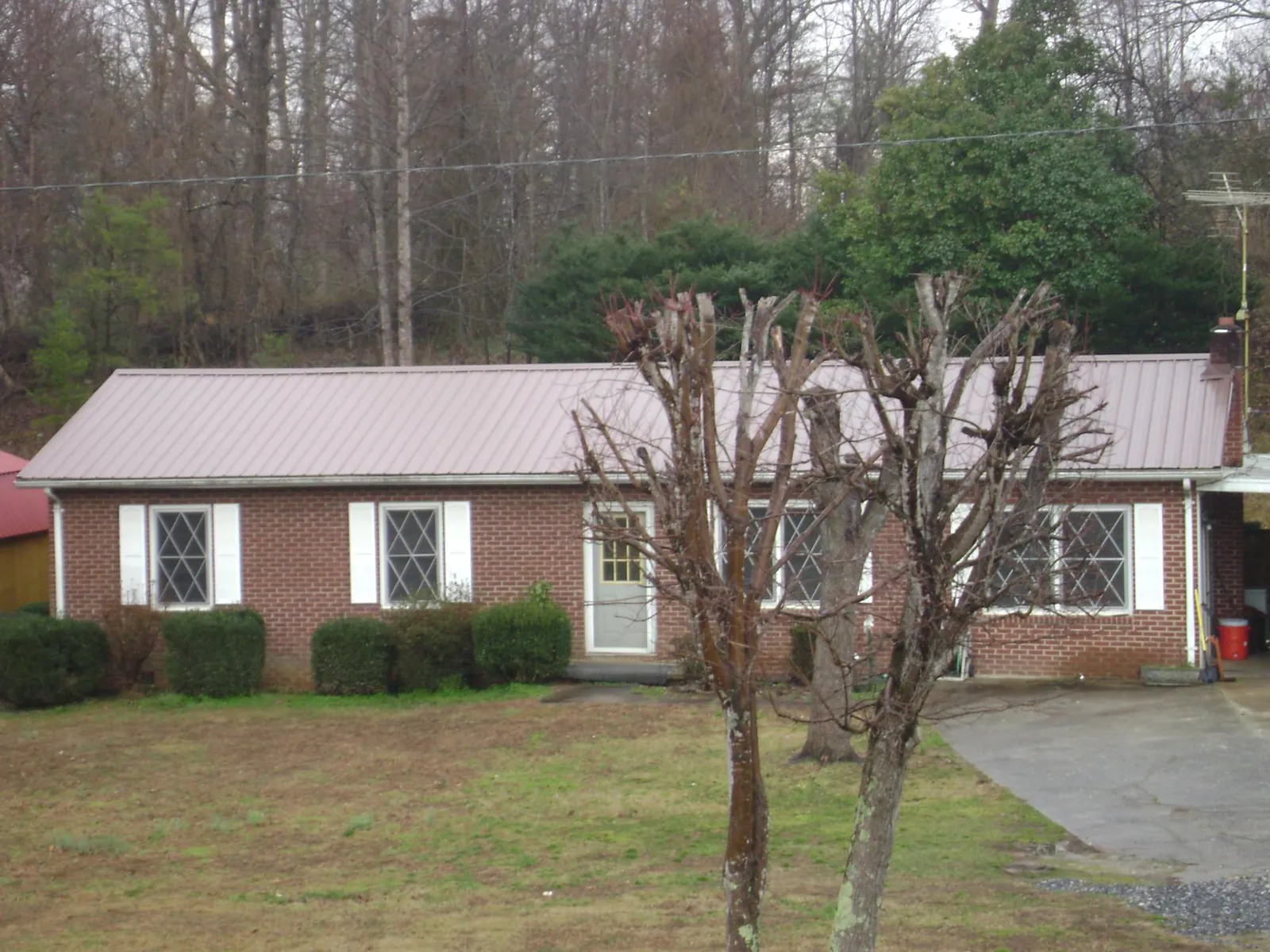 Mauve metal roof on a brick ranch home behind bare trees in Alvin